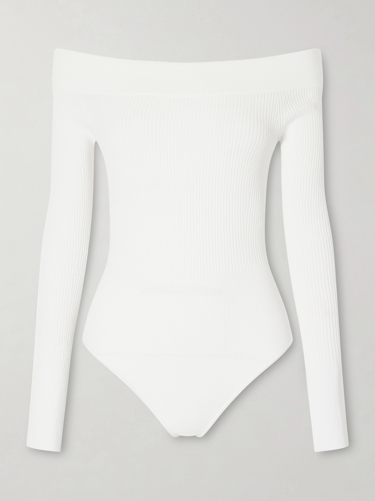Alaïa Off-the-shoulder Ribbed-knit Bodysuit In Neutral