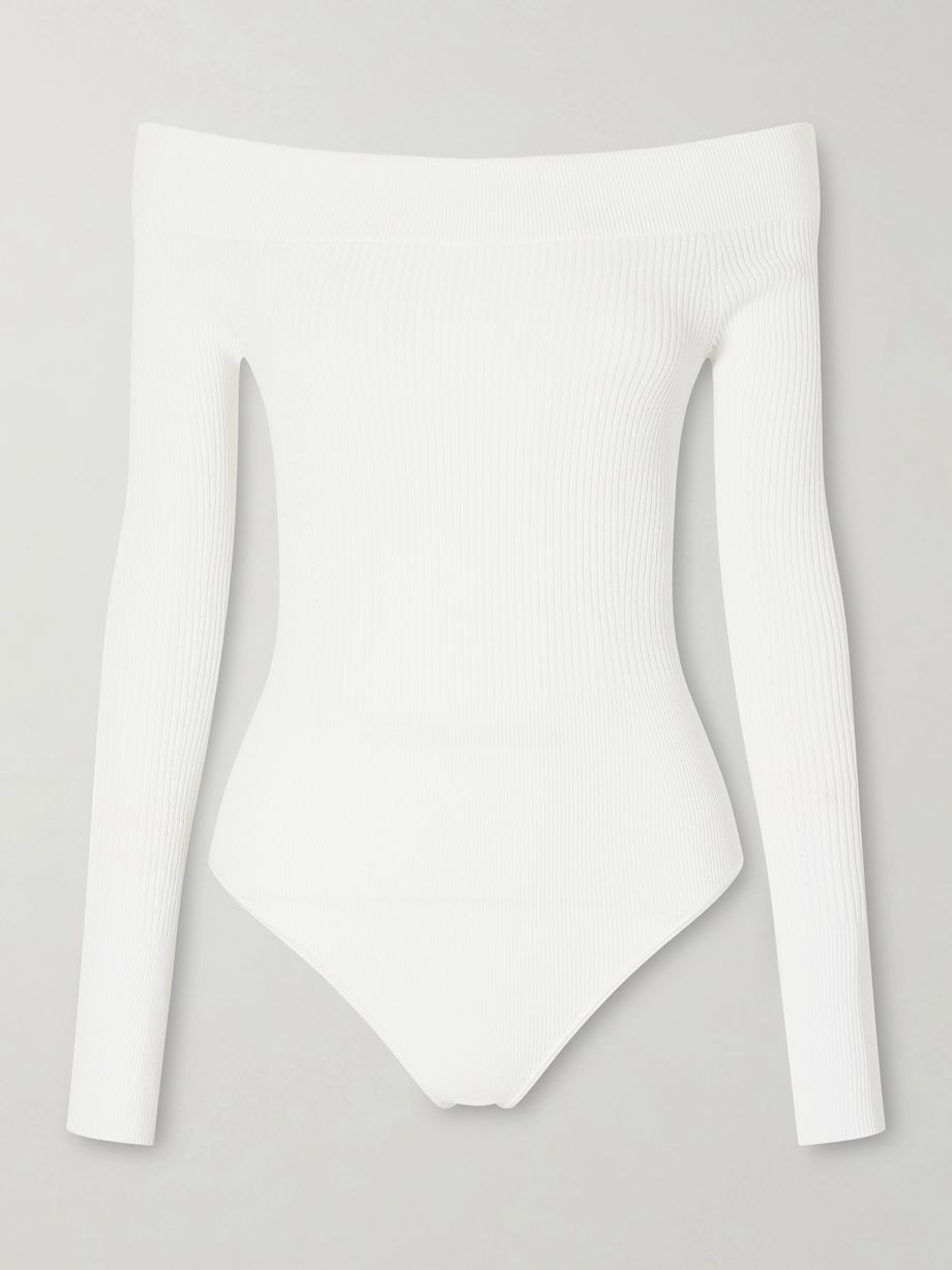 Off-the-shoulder ribbed-knit bodysuit