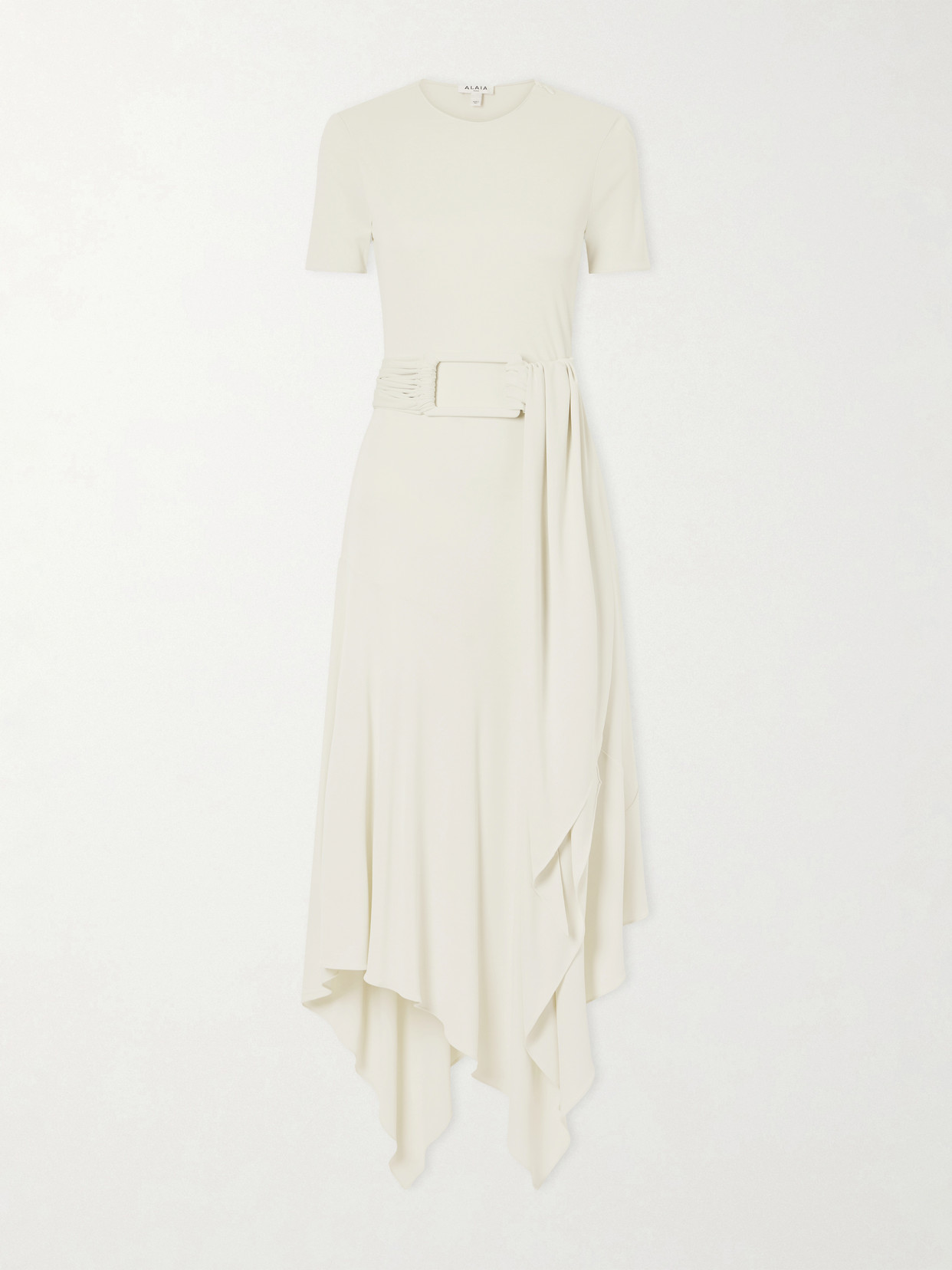 Alaïa - Asymmetrical Belted Jersey Midi Dress - Neutrals