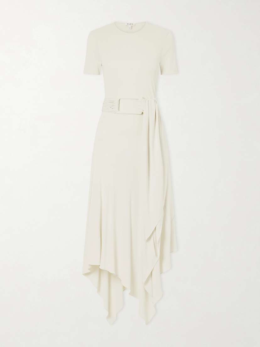 Alaïa Asymmetrical Belted Jersey Midi Dress