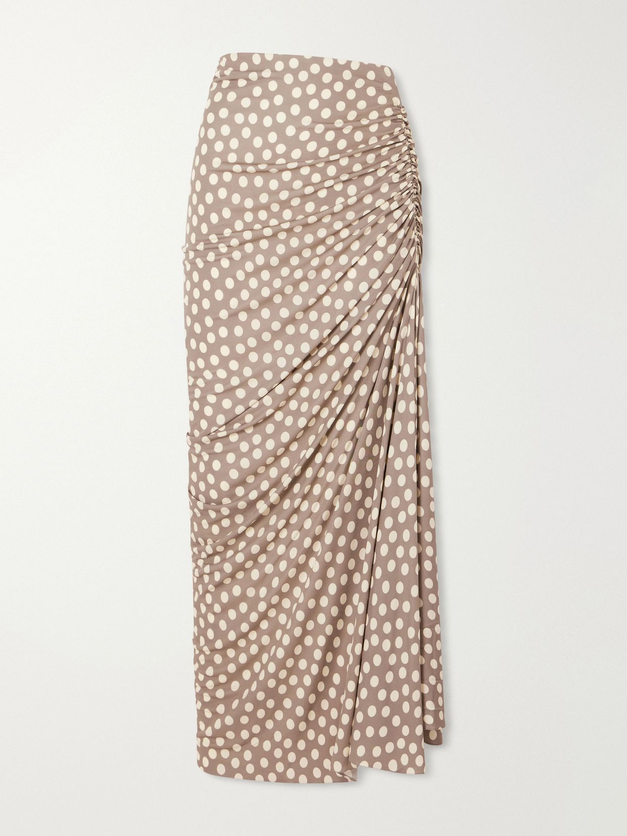 Gathered polka-dot jersey midi skirt
