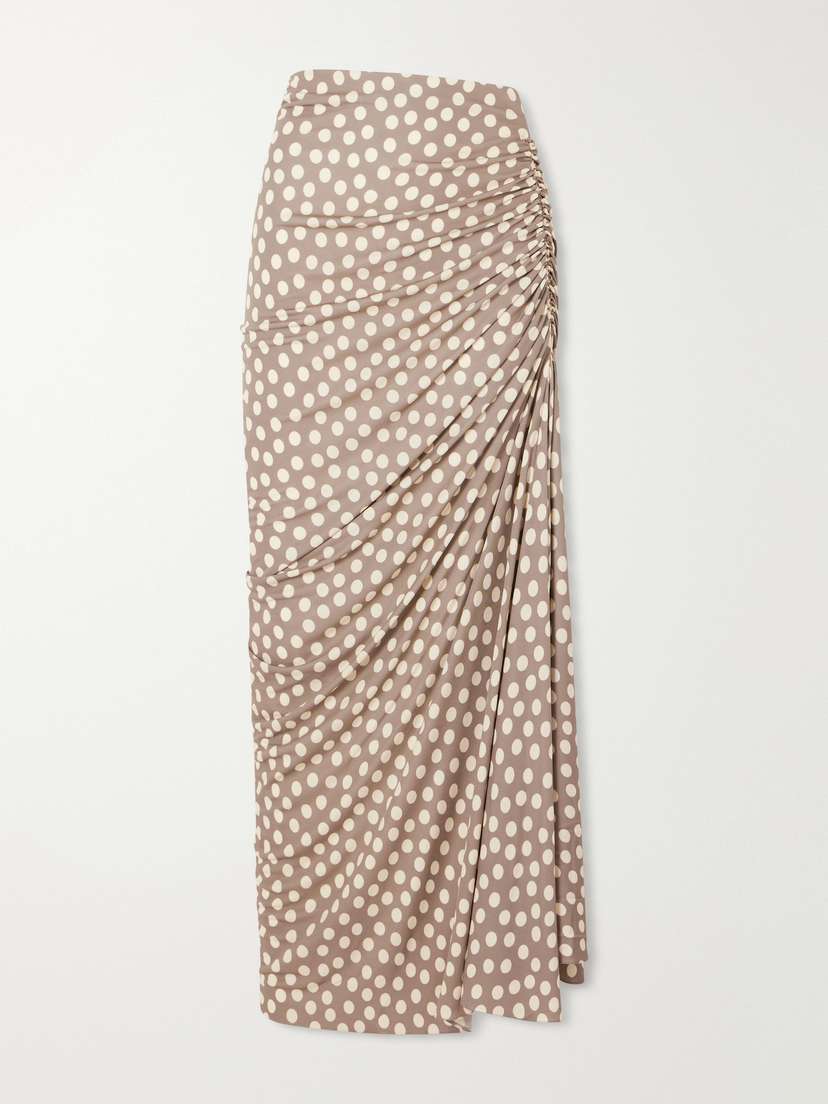 Alaïa Gathered Polka-dot Jersey Midi Skirt