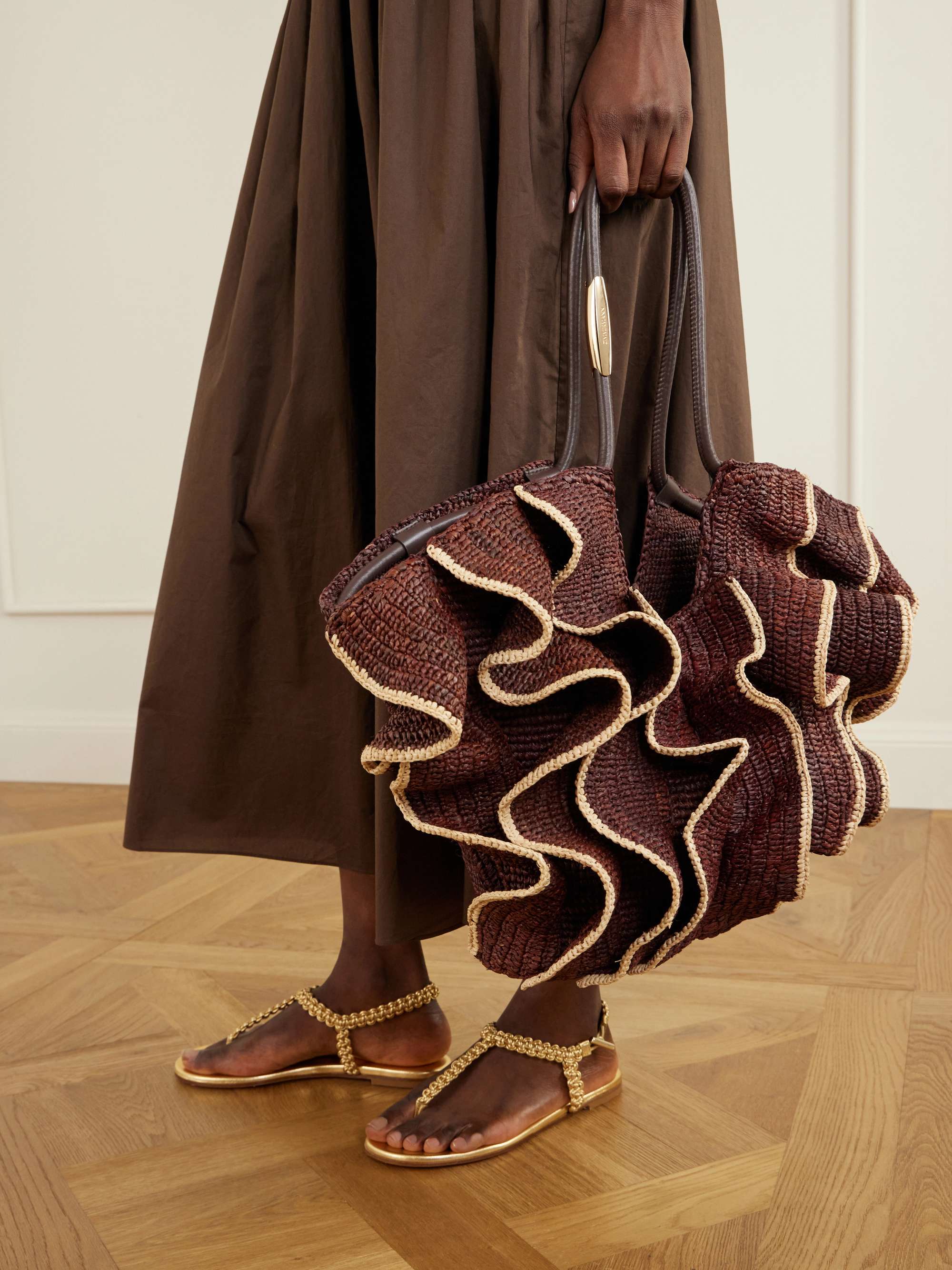 ZIMMERMANN Goldentime ruffled leather-trimmed raffia medium tote