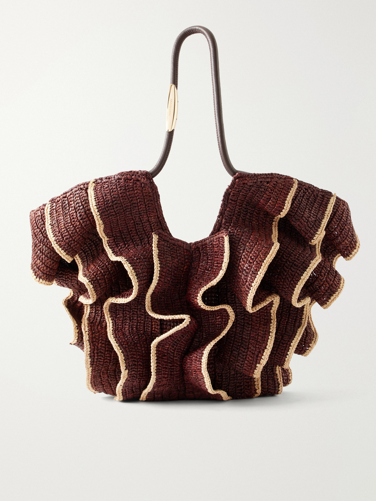 Zimmermann Goldentime Ruffled Leather-trimmed Raffia Medium Tote In Brown