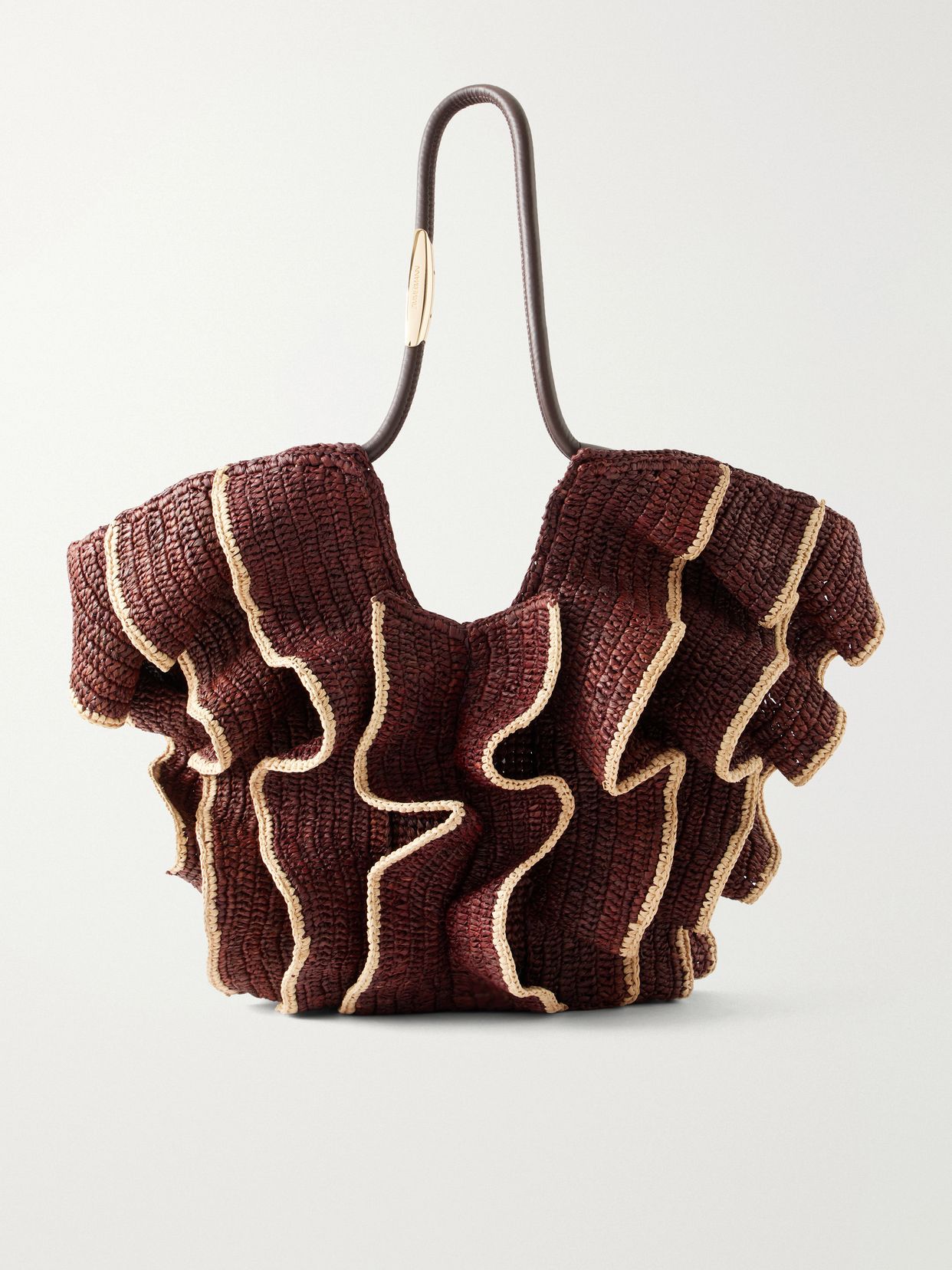 Goldentime ruffled leather-trimmed raffia medium tote