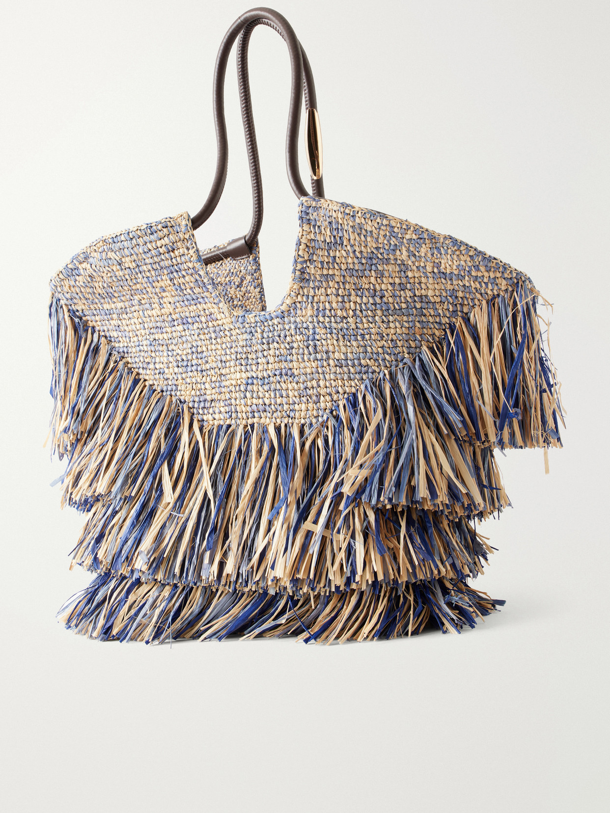 Goldentime Fringed Leather And Fabric-Trimmed Raffia Medium Tote