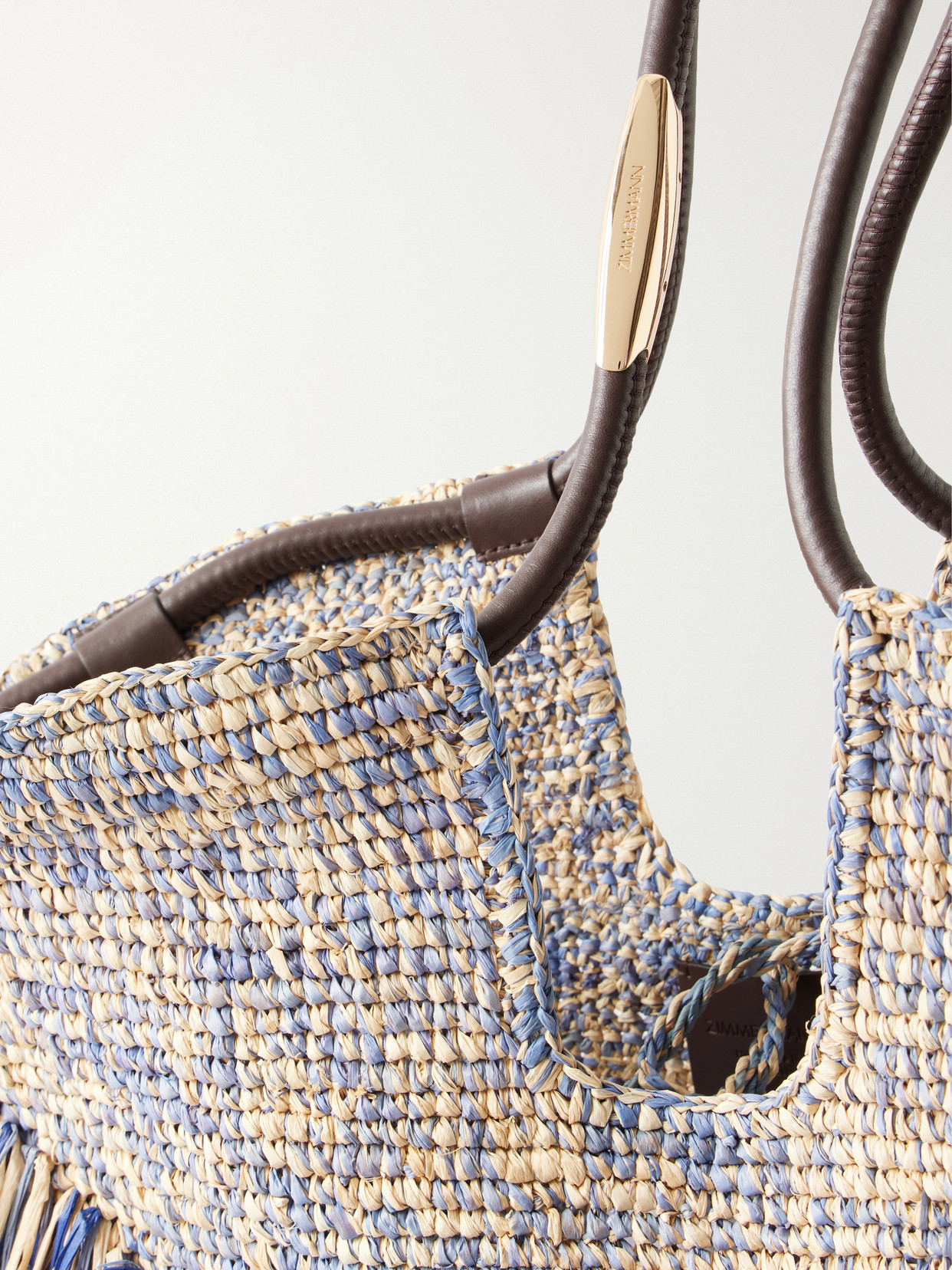 Goldentime Fringed Leather And Fabric-Trimmed Raffia Medium Tote