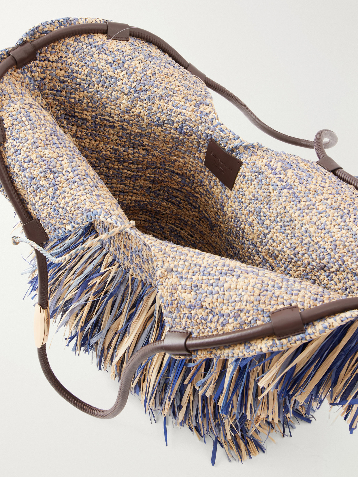 Goldentime Fringed Leather And Fabric-Trimmed Raffia Medium Tote