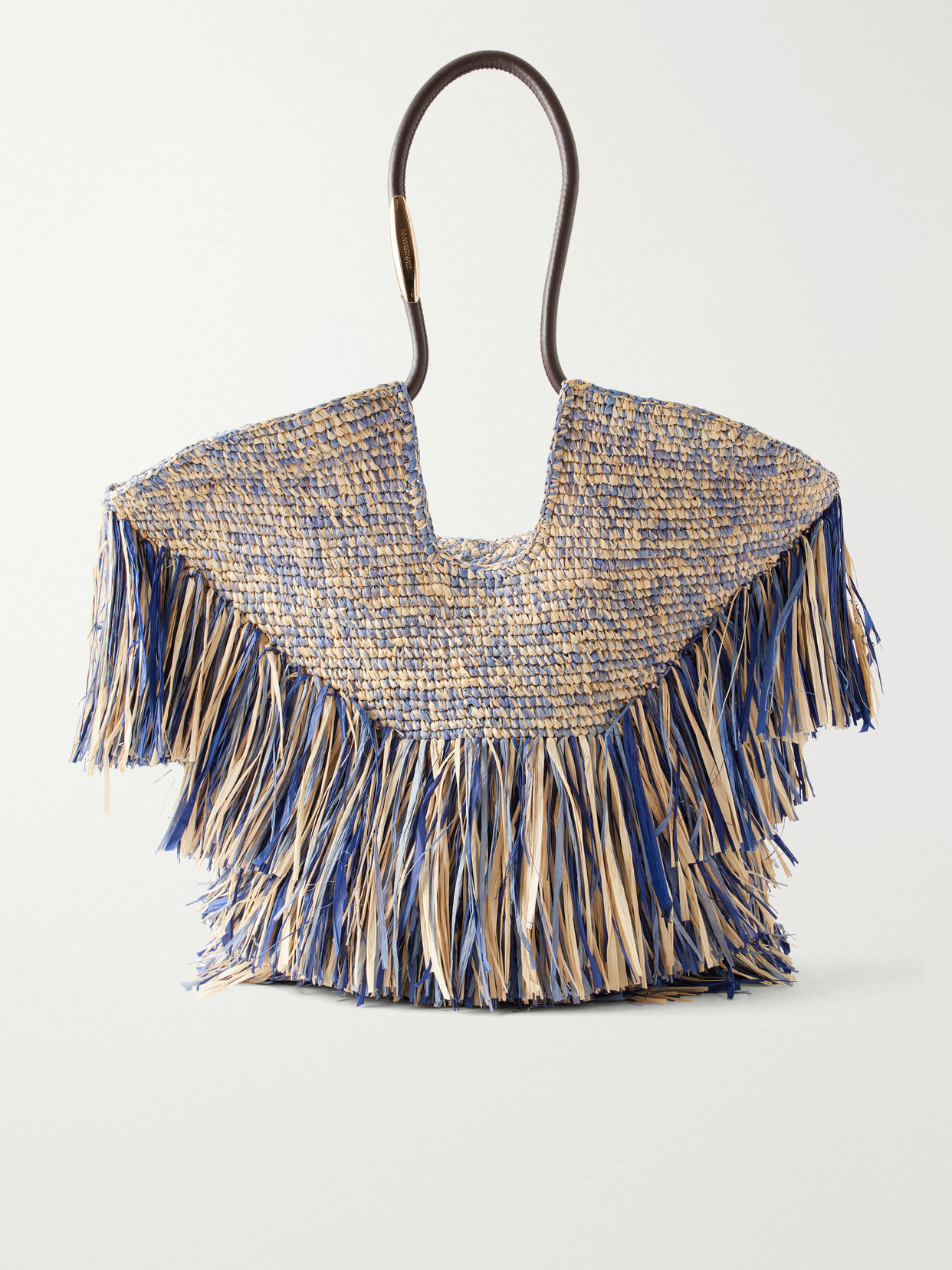 Goldentime Fringed Leather And Fabric-Trimmed Raffia Medium Tote