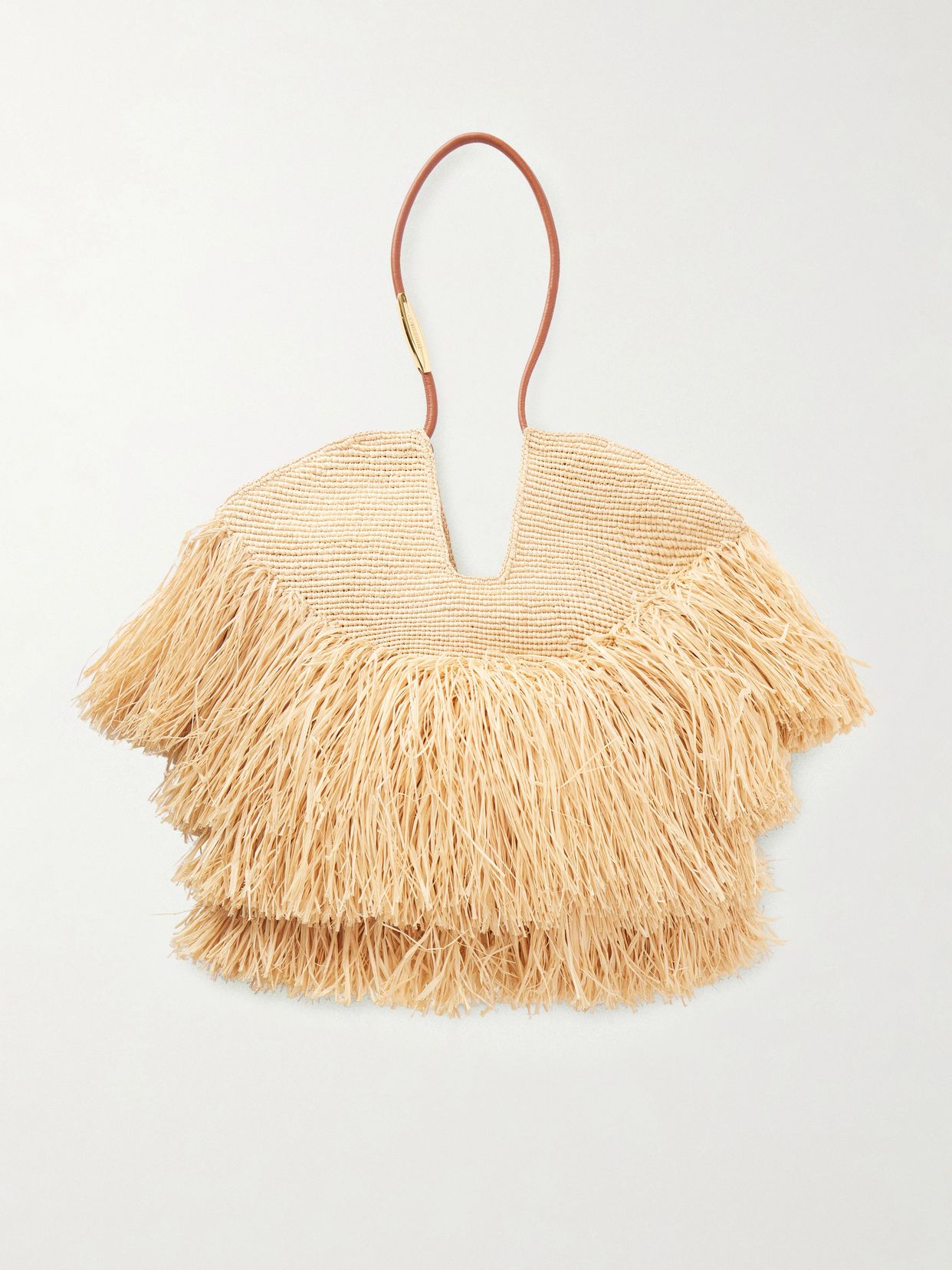 Goldentime medium fringed leather-trimmed raffia tote