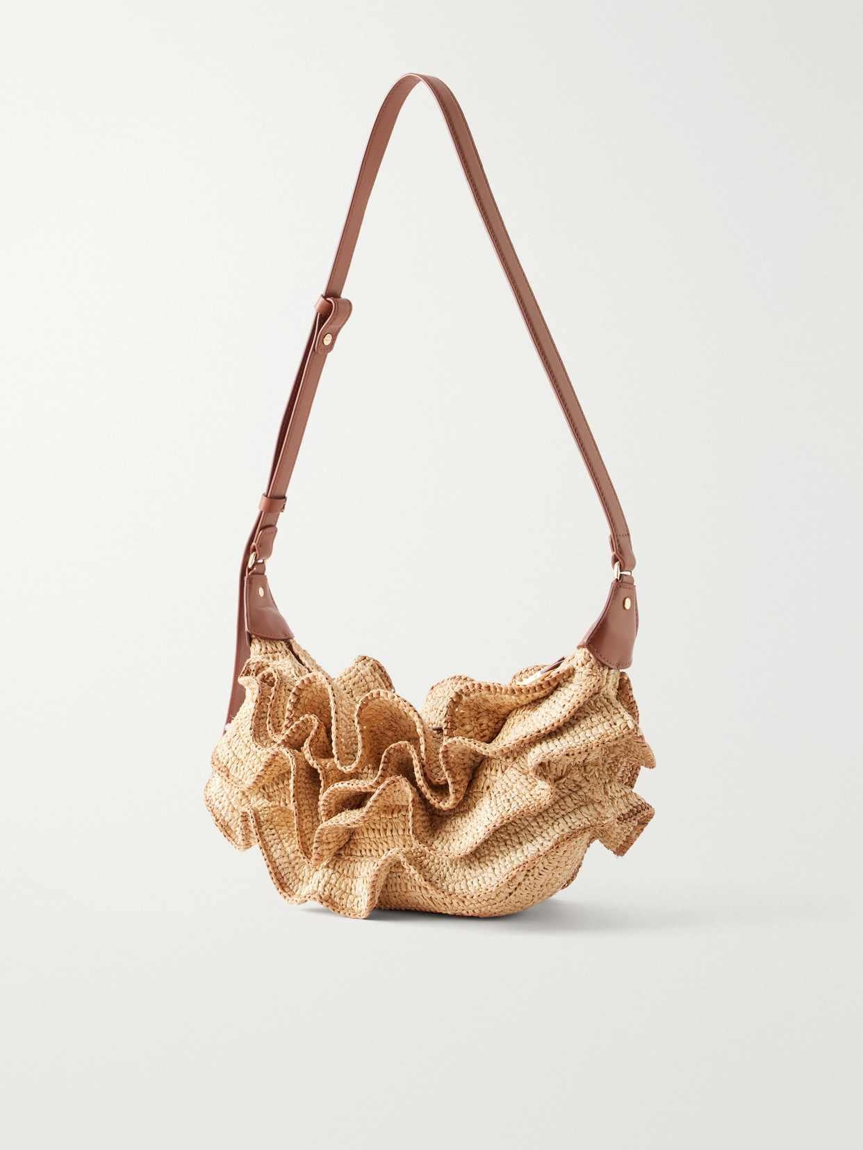 Goldentime Ruffled Leather-Trimmed Raffia Shoulder Bag