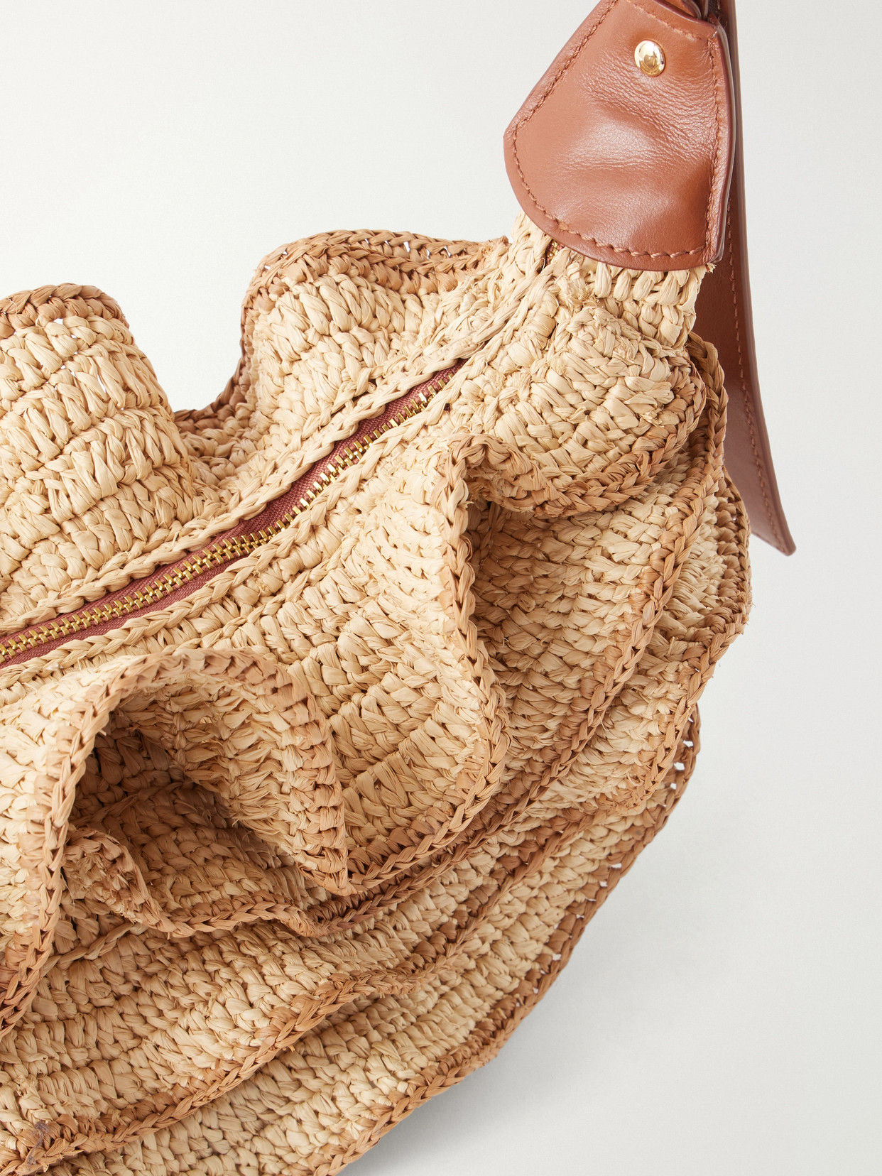 Goldentime Ruffled Leather-Trimmed Raffia Shoulder Bag