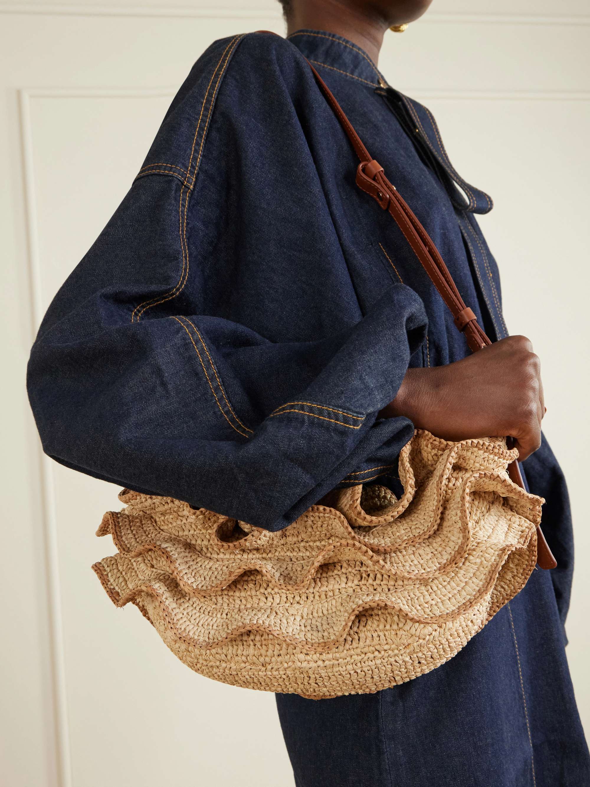 ZIMMERMANN Goldentime ruffled leather-trimmed raffia shoulder bag