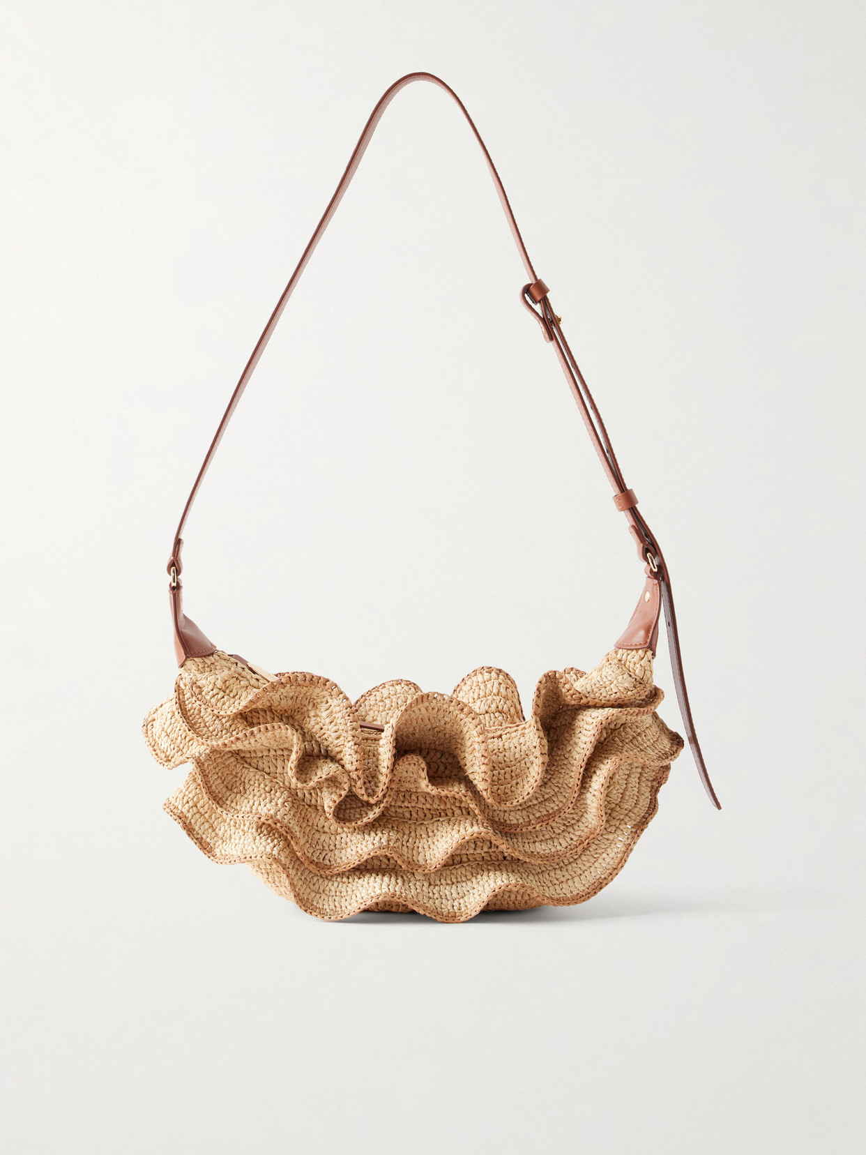 Zimmermann Goldentime Ruffled Leather-trimmed Raffia Shoulder Bag In Neutrals