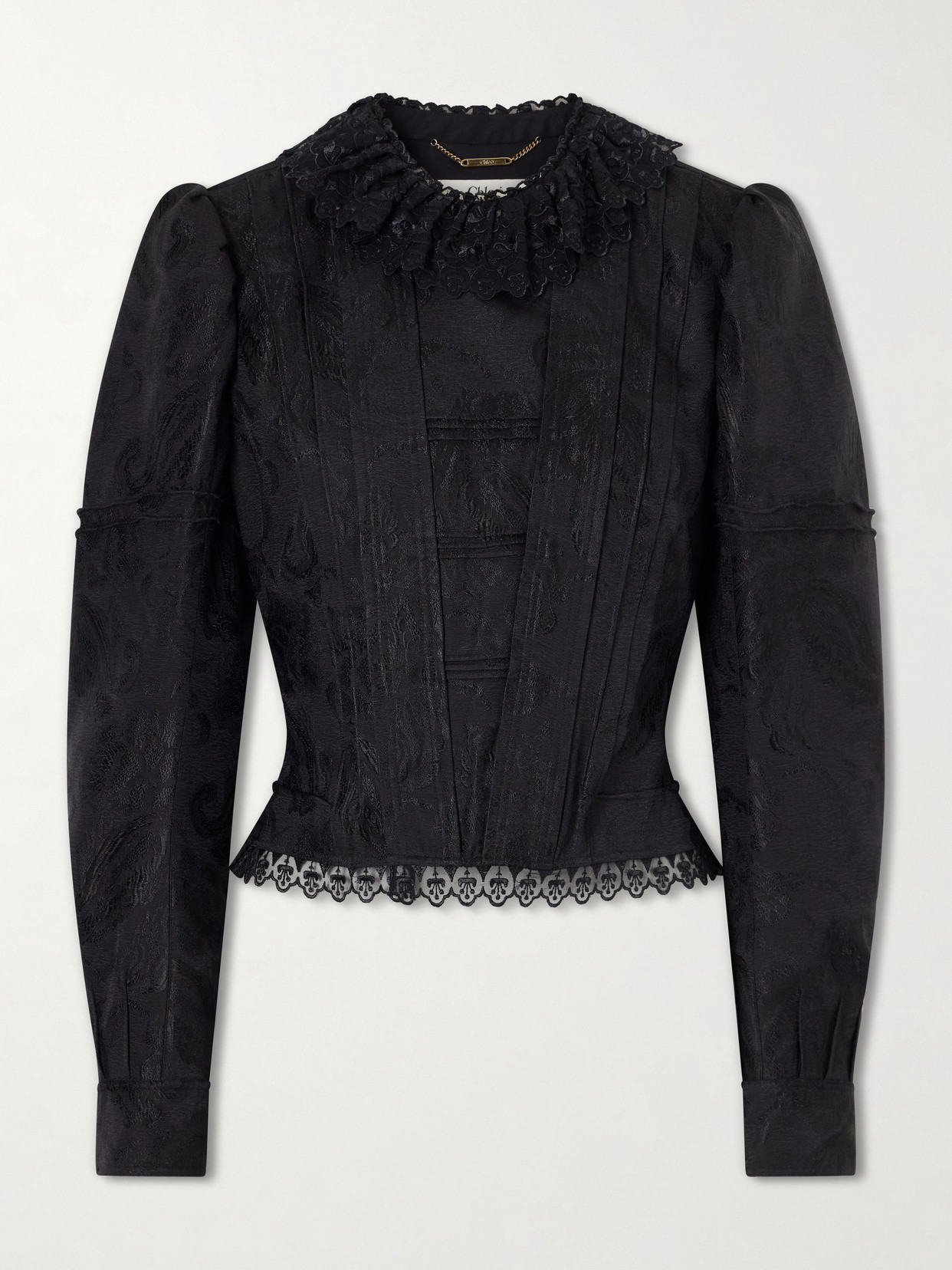 Chloé Ruffled Lace-trimmed Floral-jacquard Jacket In Black