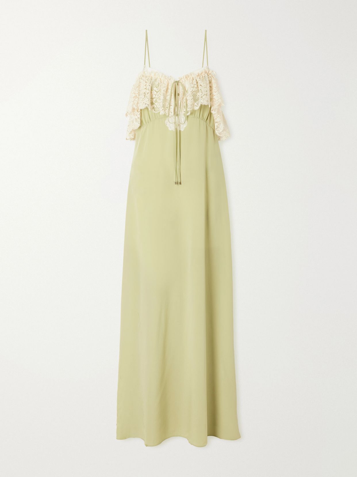 lace trimmed silk crepe de chine maxi dress