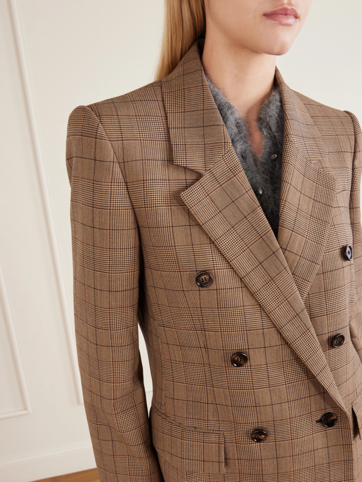Chloé Double-breasted Tailored Jacket In Check Wool In Brown