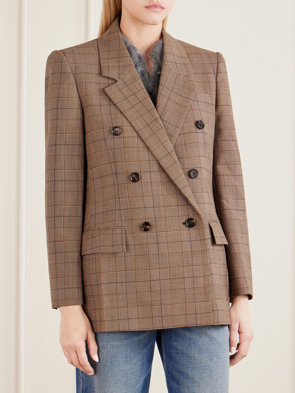 Chloé Double-breasted Tailored Jacket In Check Wool In Brown