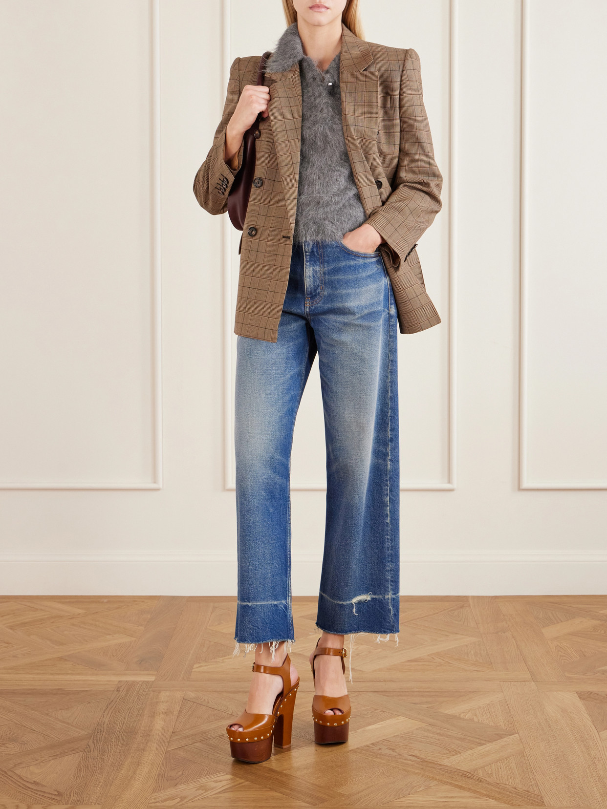 Chloé Double-breasted Tailored Jacket In Check Wool In Brown