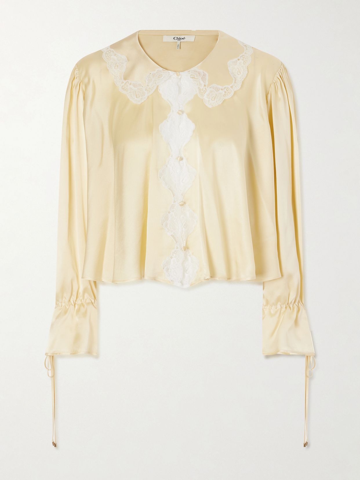 Cropped Lace Trimmed Silk Satin Blouse