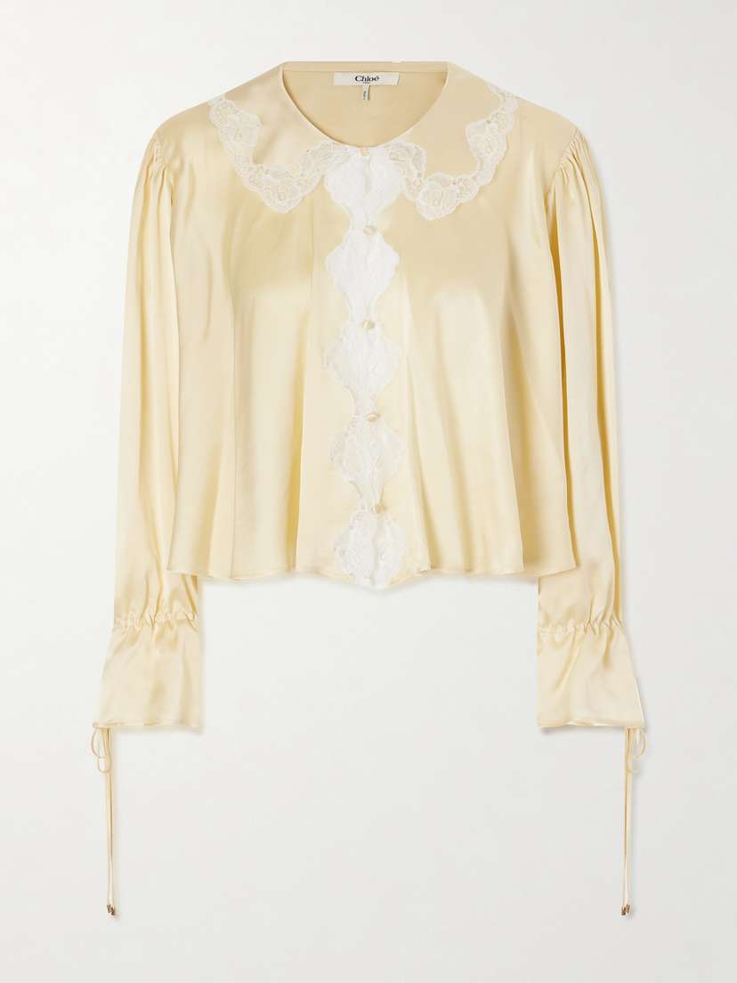 Chloé Gathered Lace-trimmed Silk-satin Blouse