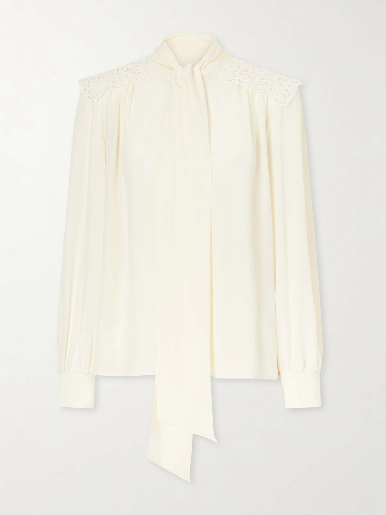 Chloé Pussy-bow Crochet-trimmed Silk Crepe De Chine Shirt In White