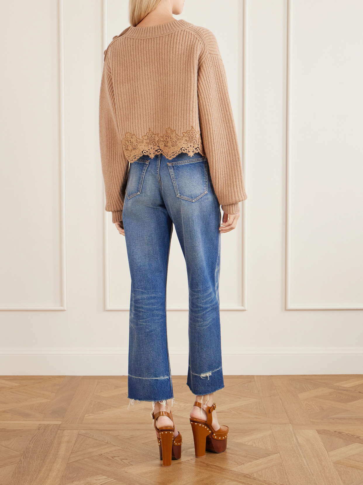 Chloé Pullover Corto Con Collo A Lupetto In Maglia Di Lana E Cashmere Con Pizzo In Brown