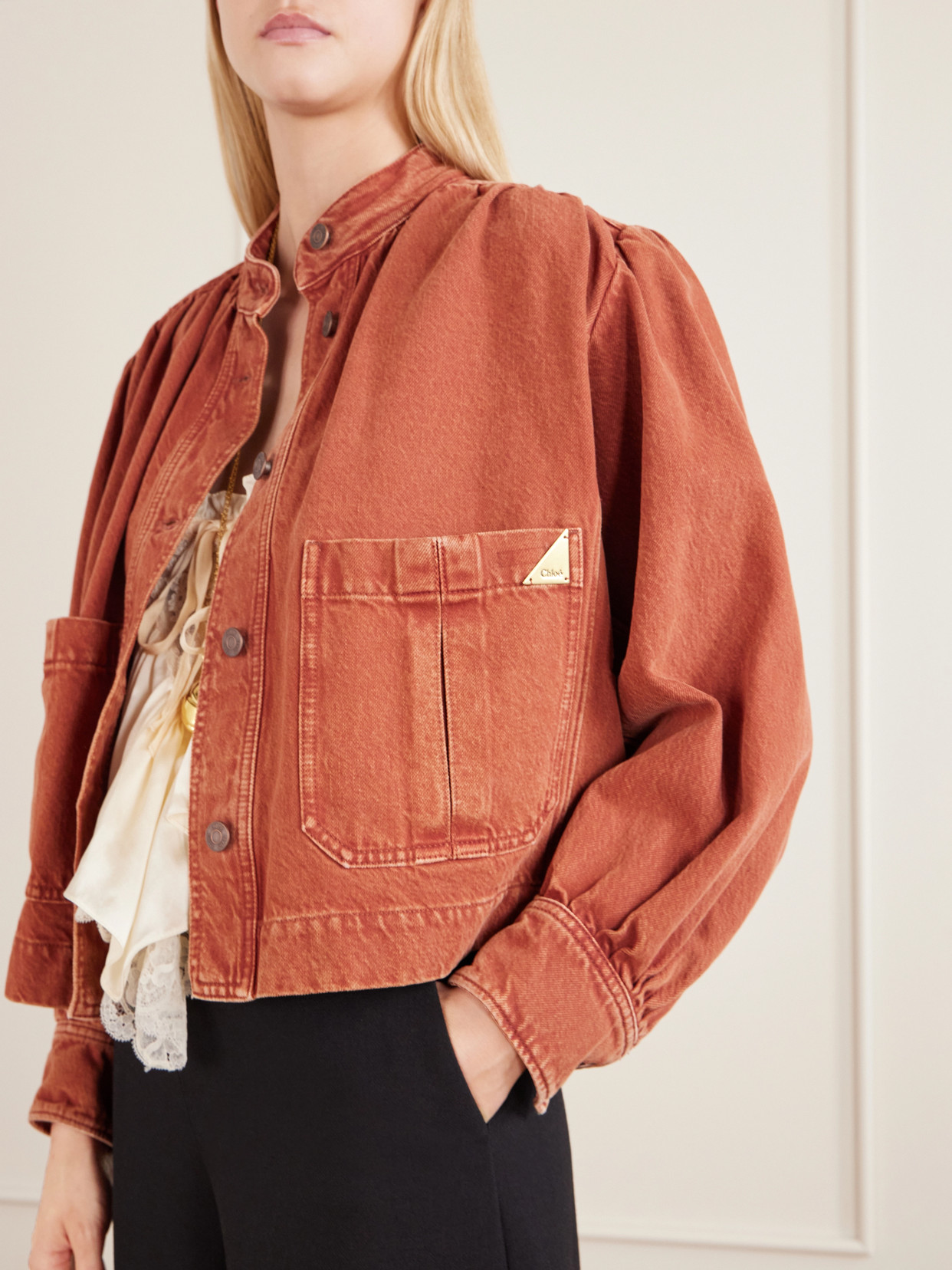 Chloé Logo Denim Jacket With Patch Pockets In Red