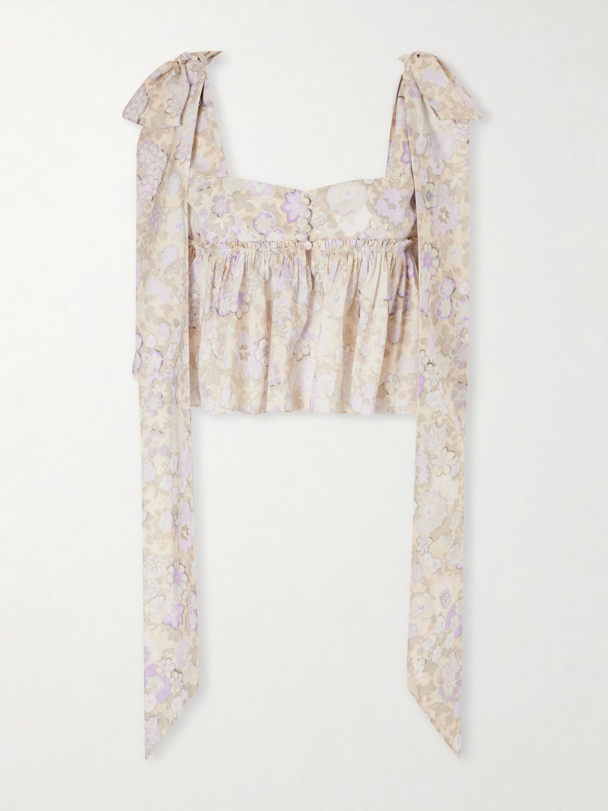 Chloé - Bow-detailed Ruffled Floral-print Cotton-poplin Top - Purple