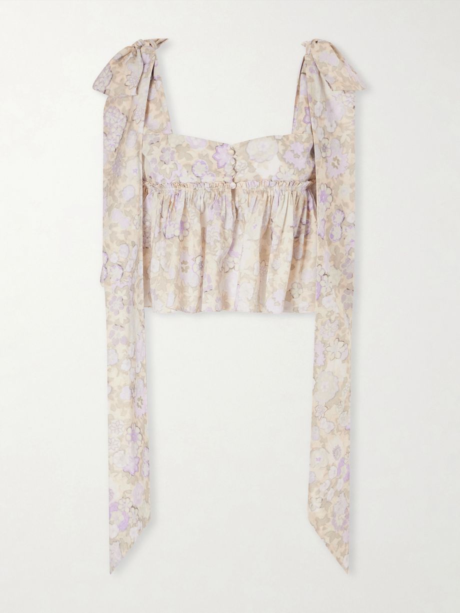 Bow-detailed ruffled floral-print cotton-poplin top