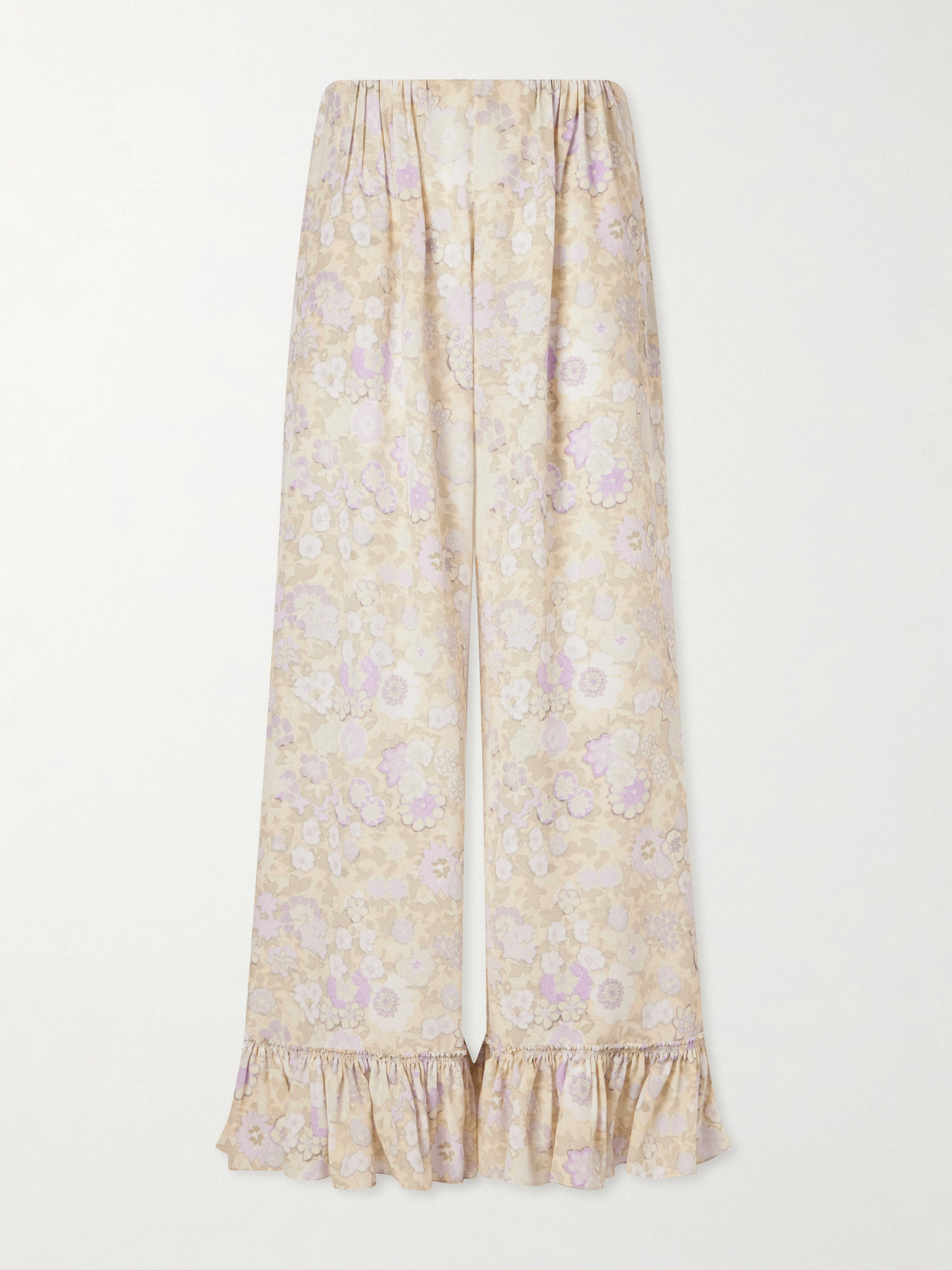 Chloé Ruffled Floral-print Silk-charmeuse Wide-leg Pants In Neutral