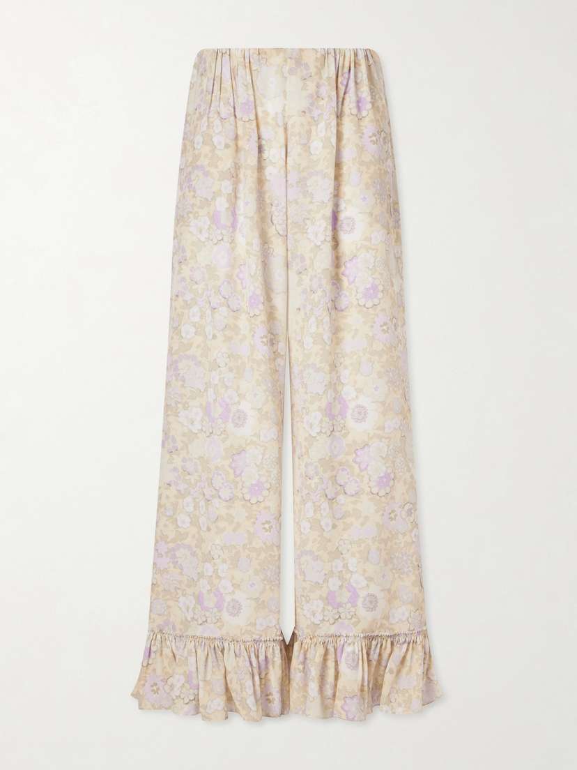 Ruffled Floral-print Silk-charmeuse Wide-leg Pants