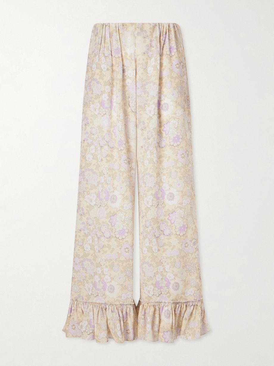 Ruffled floral-print silk-charmeuse wide-leg pants