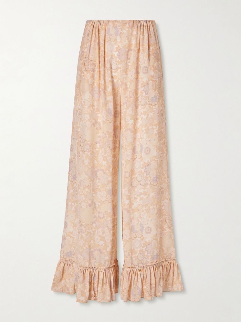 Ruffled floral-print silk-charmeuse wide-leg pants