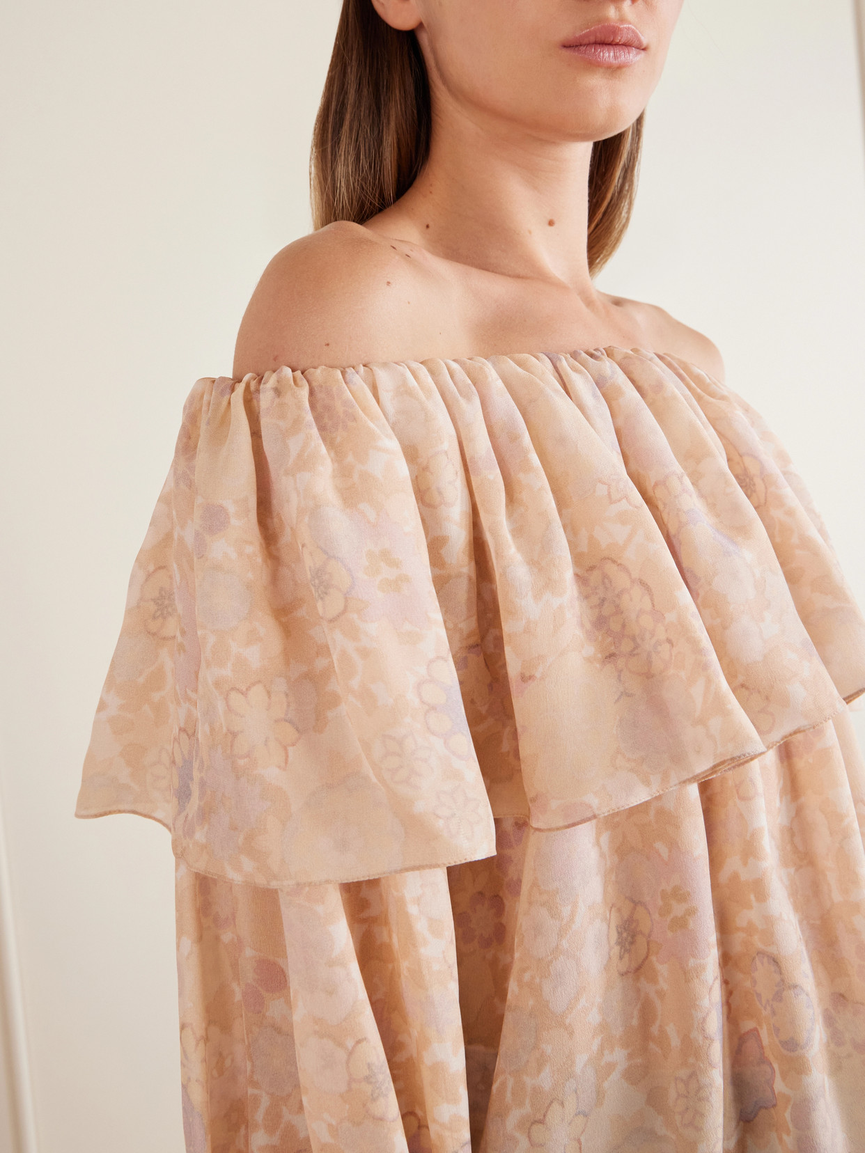 Chloé - Off-The-Shoulder Ruffled Floral-Print Silk-Charmeuse Blouse