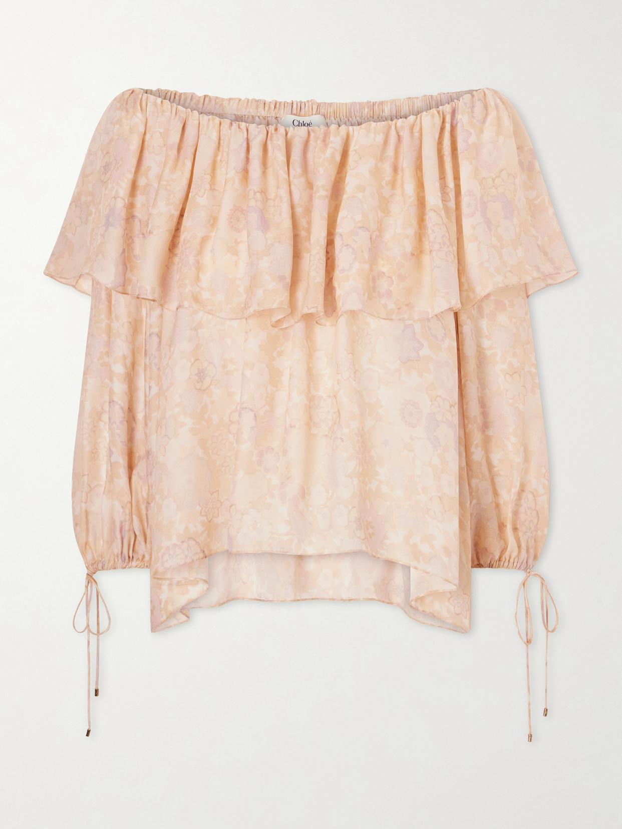 Chloé Off-the-shoulder Ruffled Floral-print Silk-charmeuse Blouse In Pink