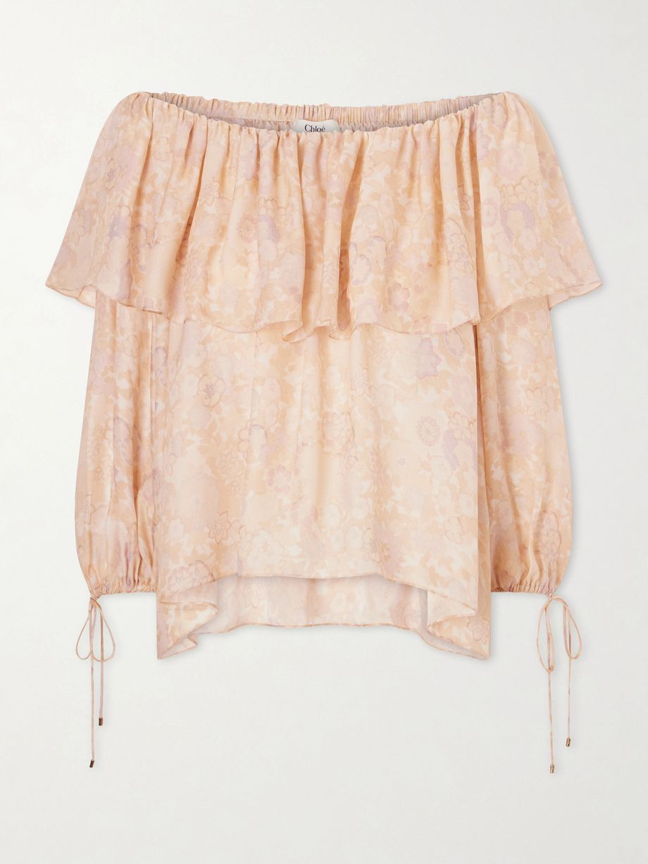 Off-the-shoulder ruffled floral-print silk-charmeuse blouse