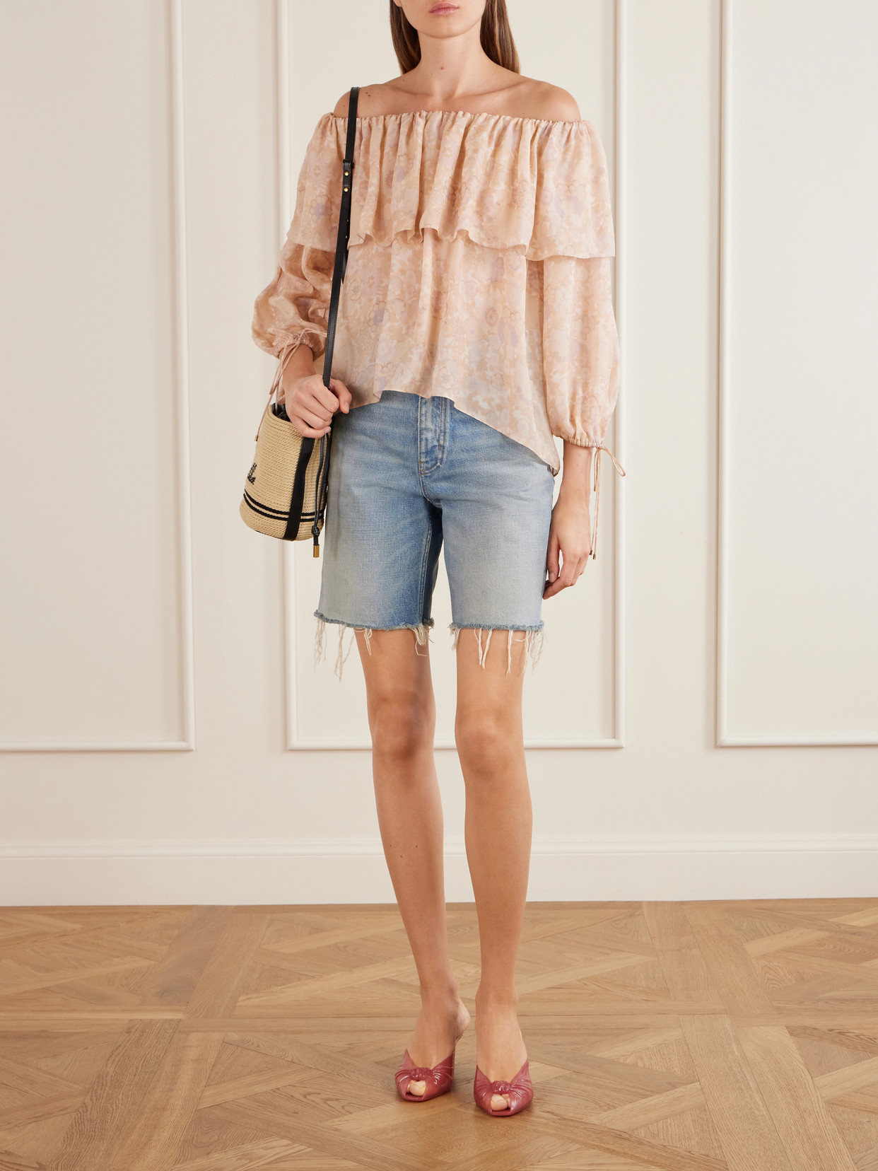 Chloé - Off-The-Shoulder Ruffled Floral-Print Silk-Charmeuse Blouse