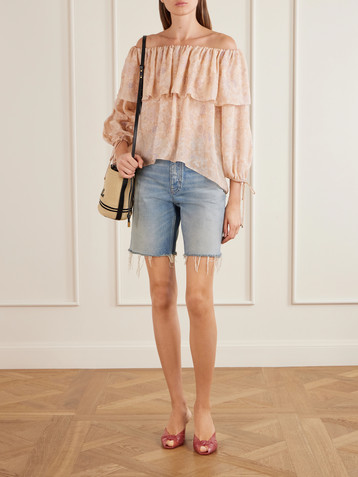 Chloé Off-the-shoulder ruffled floral-print silk-charmeuse blouse