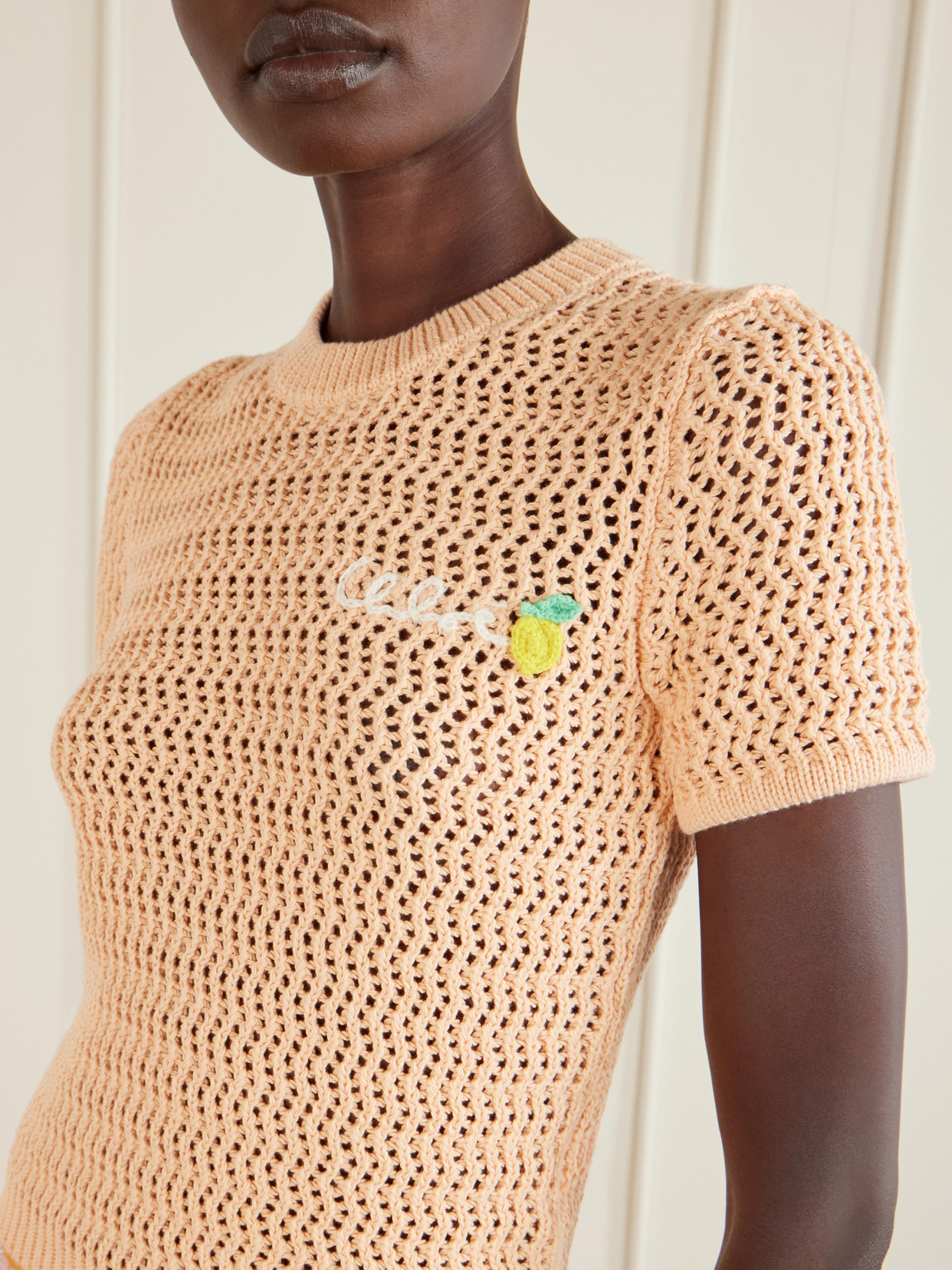 Chloé Chloe Logo-intarsia Open-knit Cotton T-shirt In Orange