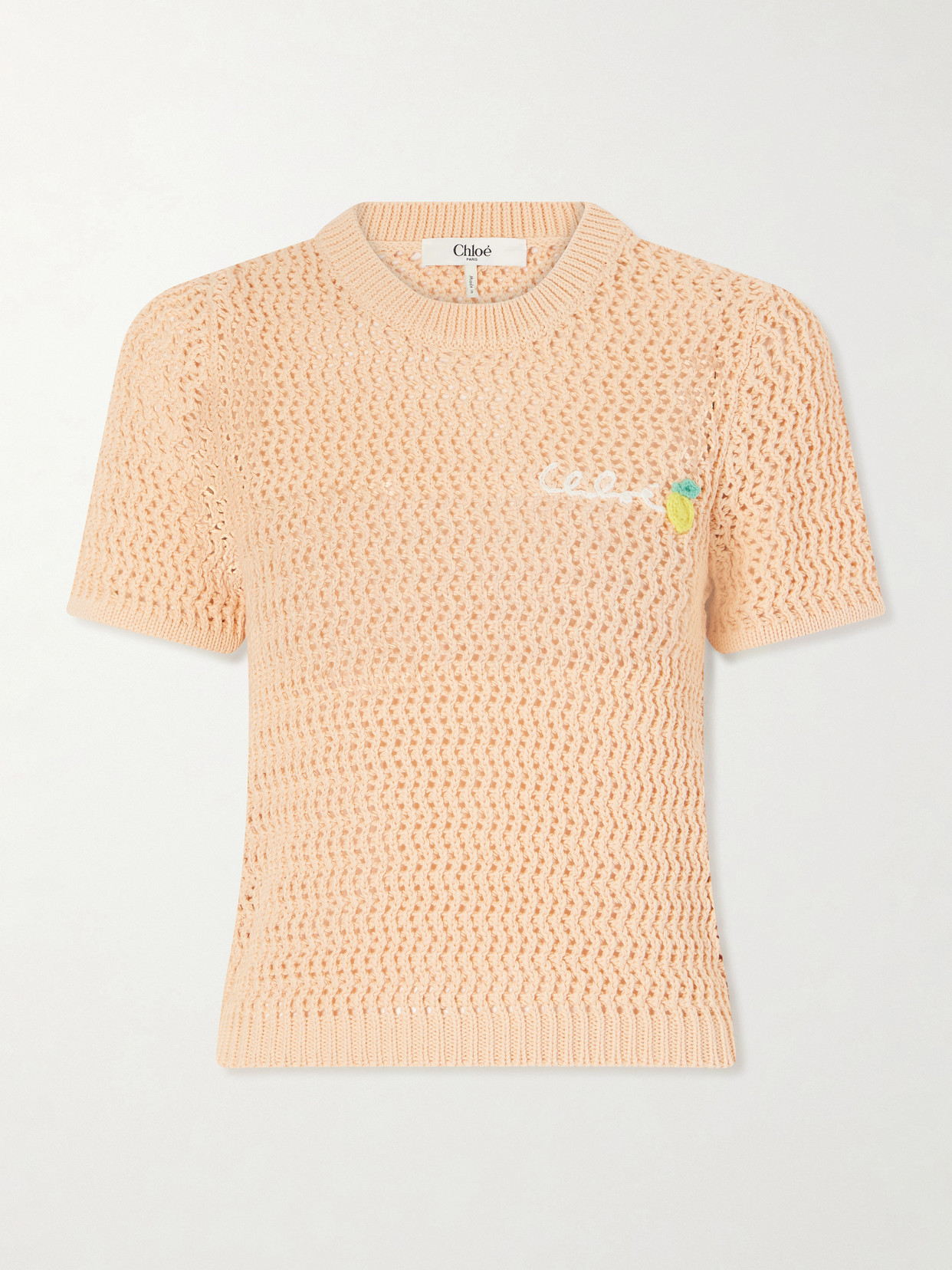 Chloé Chloe Logo-intarsia Open-knit Cotton T-shirt In Orange