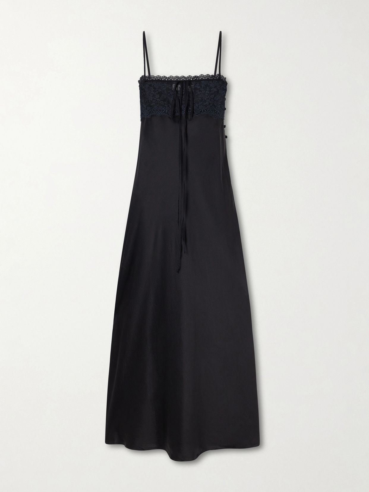 lace trimmed silk satin midi dress