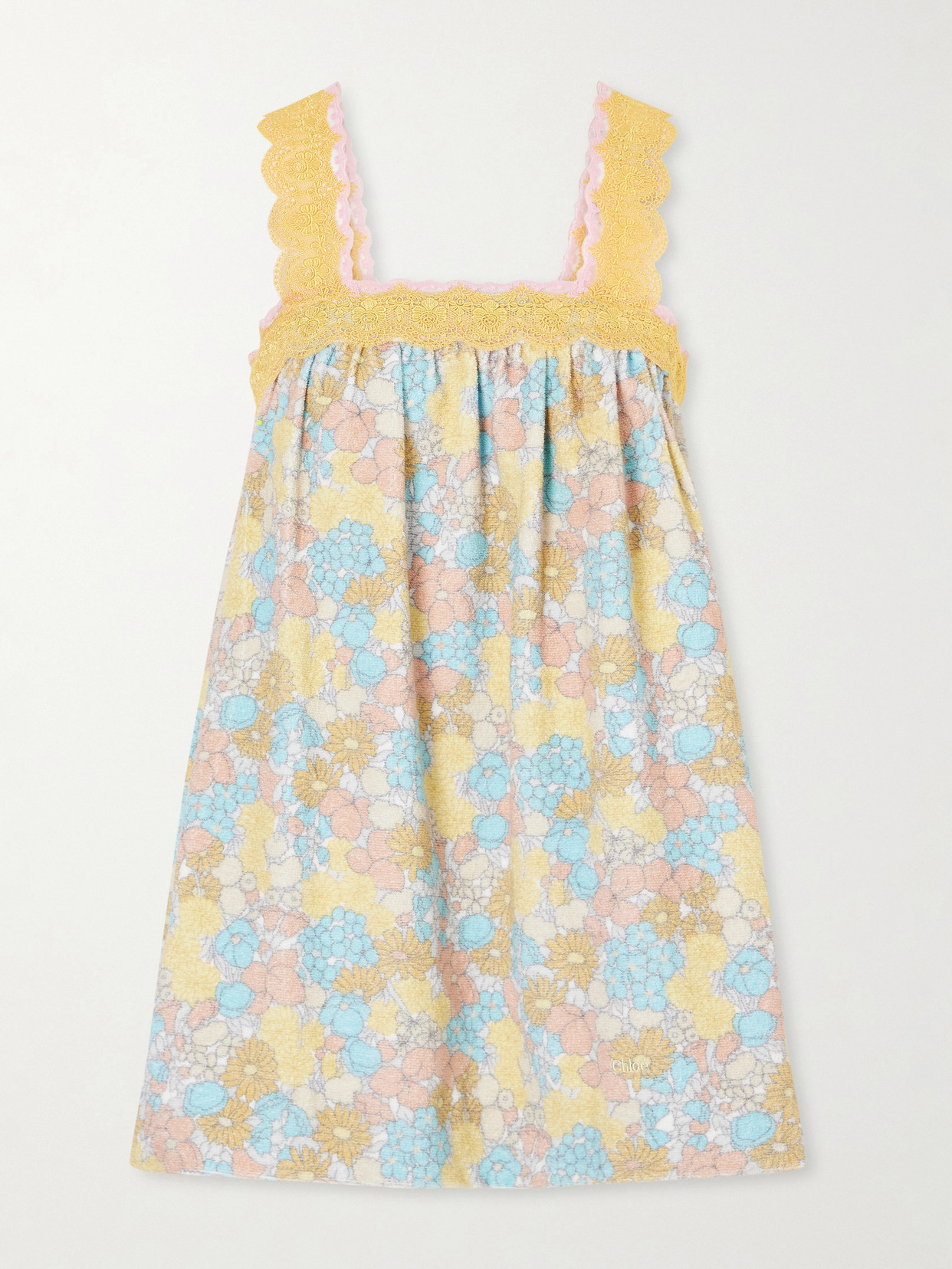 Chloé Pleated Lace-trimmed Floral-print Cotton-terry Mini Dress In White