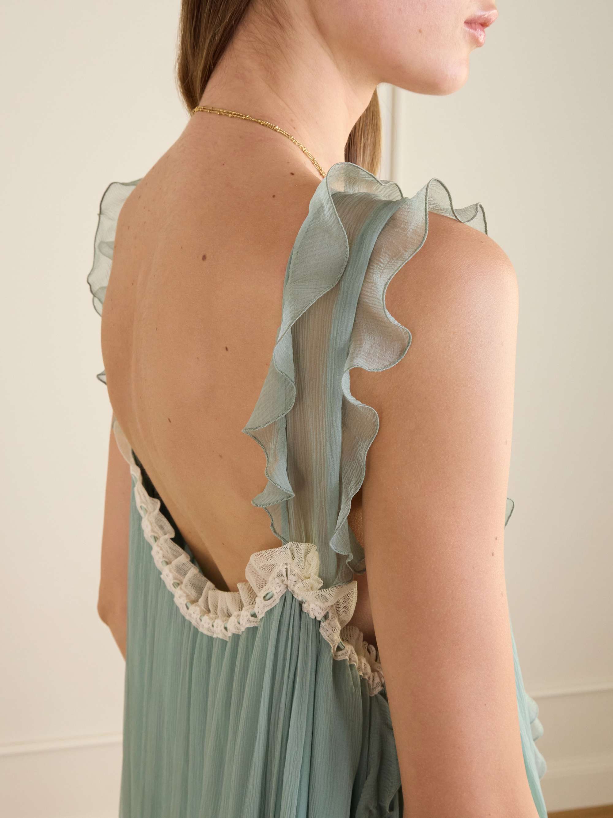 Ruffled lace-trimmed silk-crepon gown