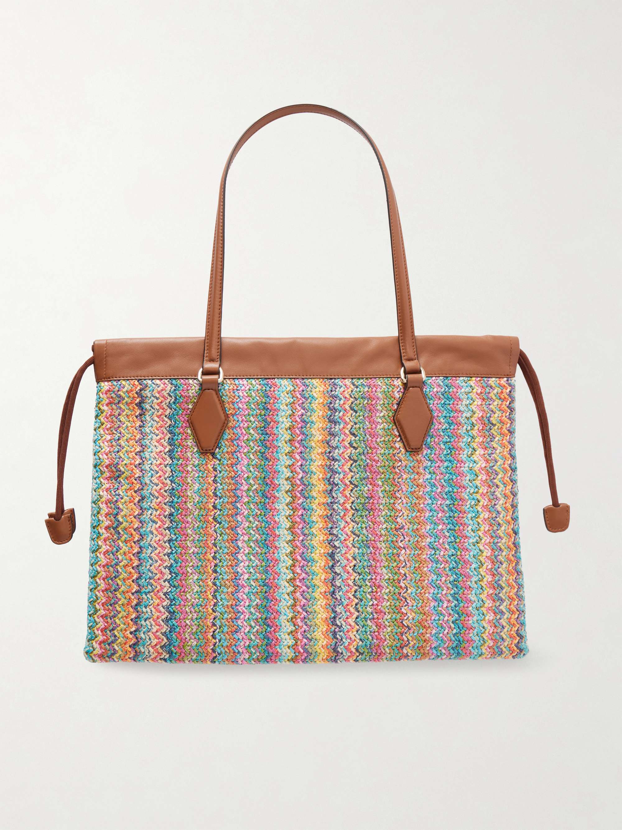 JIMMY CHOO Leather-trimmed striped raffia tote bag | NET-A-PORTER