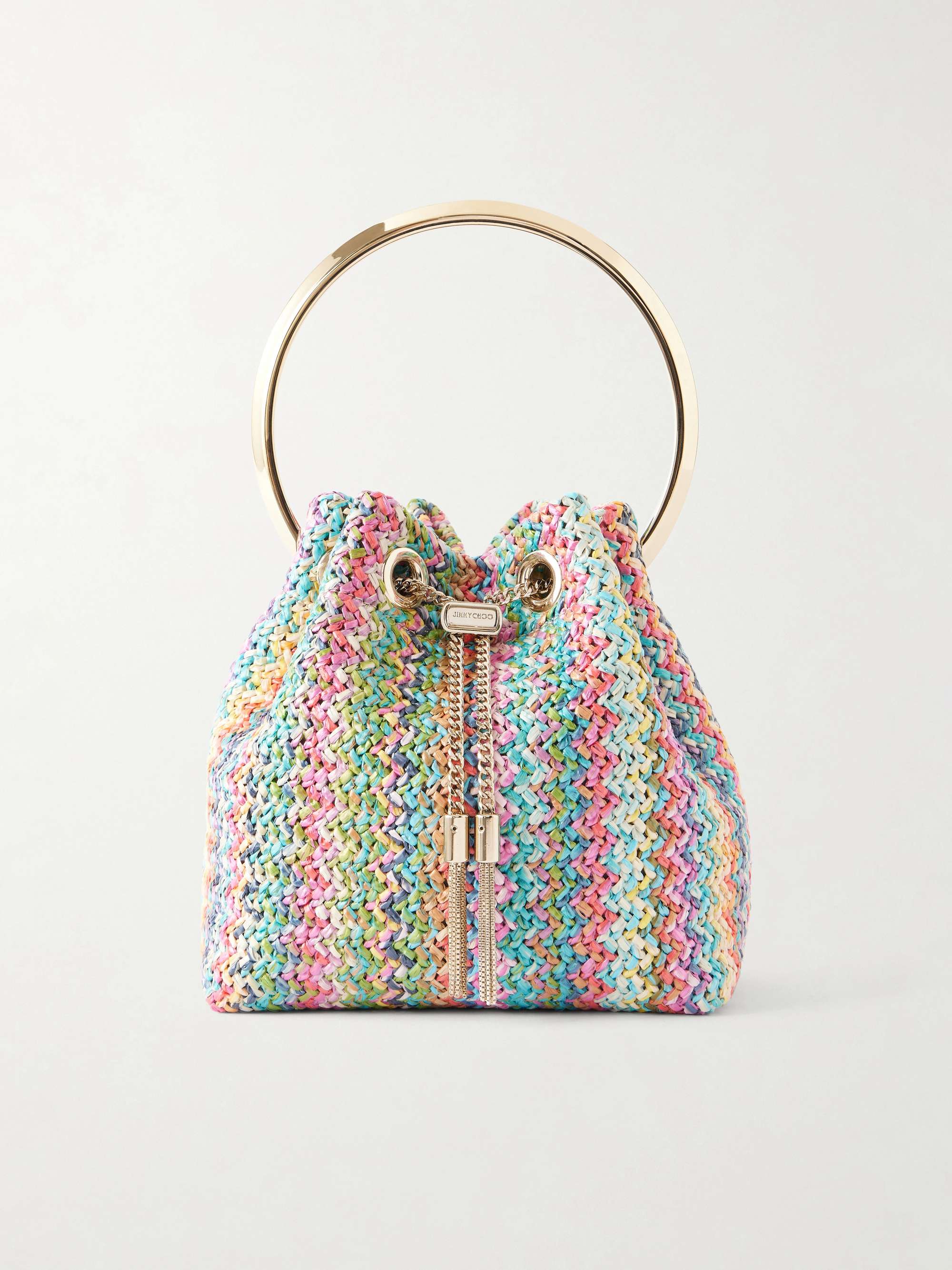 JIMMY CHOO Bon Bon striped woven raffia bucket bag | NET-A-PORTER