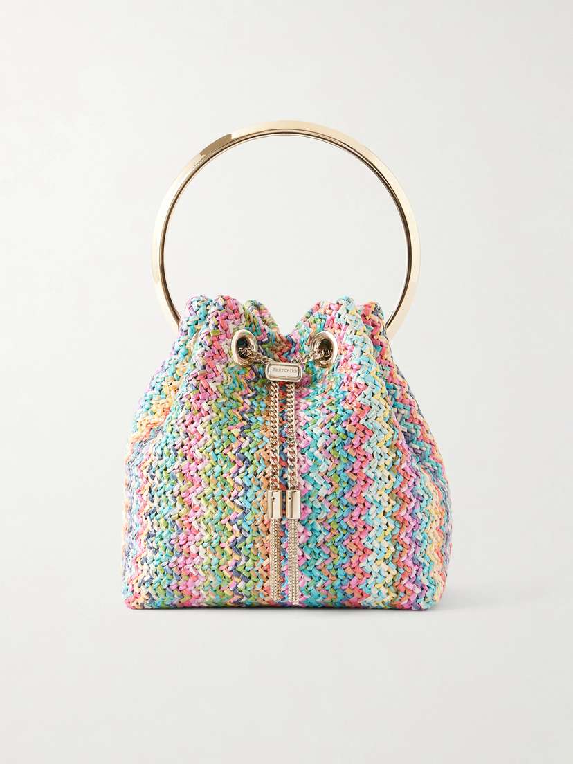 Jimmy Choo Bon Bon Striped Woven Raffia Bucket Bag