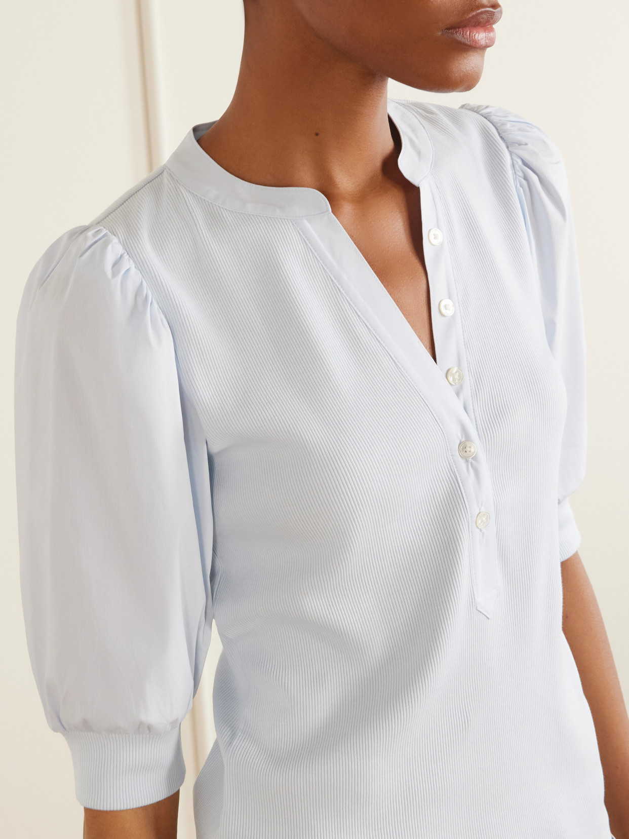 Veronica Beard Coralee Poplin And Ribbed Stretch-pima Cotton-jersey Top In White