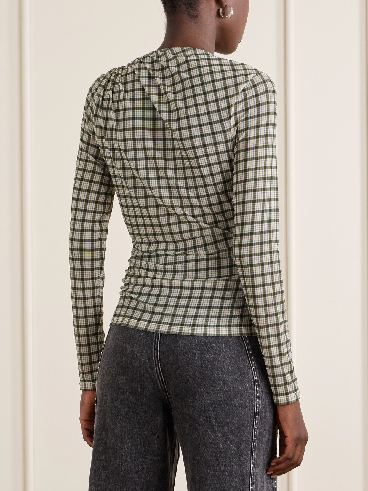 Nuvina Gathered Checked Stretch-Mesh Blouse