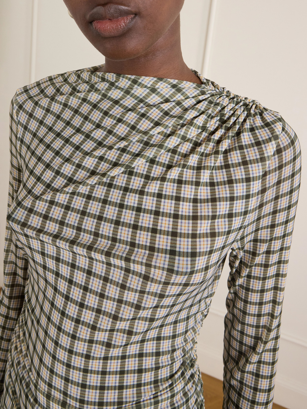 Nuvina Gathered Checked Stretch-Mesh Blouse
